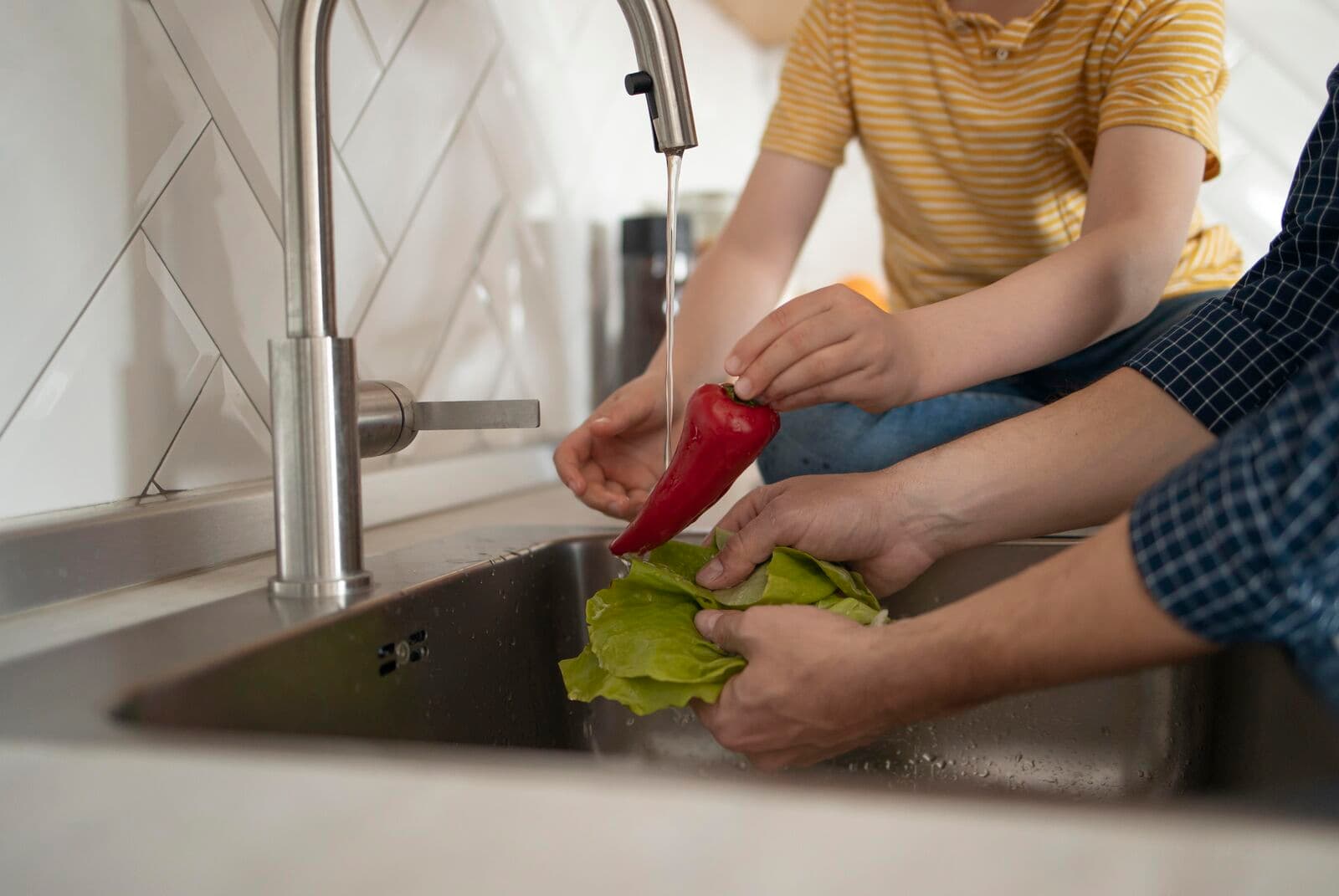 Family washing vegetables with filtered water